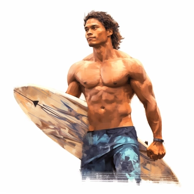 beautiful stunning hawaiian surfer young man , paint art style, clipart, white background, superrealistic, one of a kind