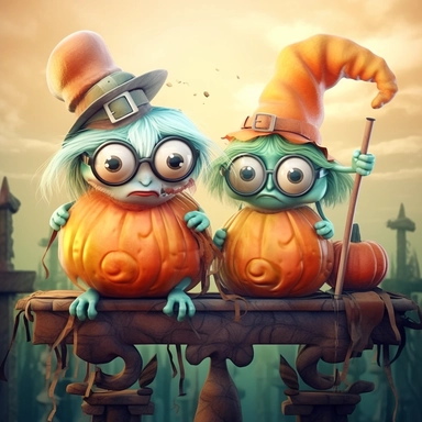 COMIC/CARTOON fantasy magical wacky cute little pumpkin monsters sitting on a fence,large eyeglasses, hats, muted colors, swirls, twists, twirls, metallic, glitter, stylized, funny, centered, airbrushed, digital oil, detailed illustration, clip art, cartoon, 8k, ar 9:8