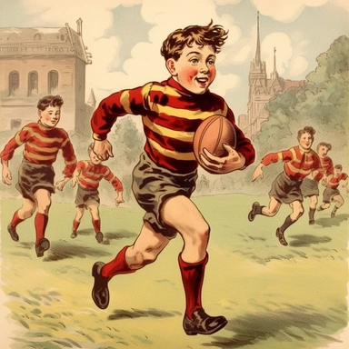 clip art of According to popular legend, rugby was invented by 15 yesrs old boy William Webb Ellis, a student at Rugby School in England, who supposedly picked up the ball during a game of football and ran with it.