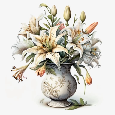 Watercolor realistic detailed white tiger lily bouquet in a beautiful ceramic vase clipart, white background, no text
