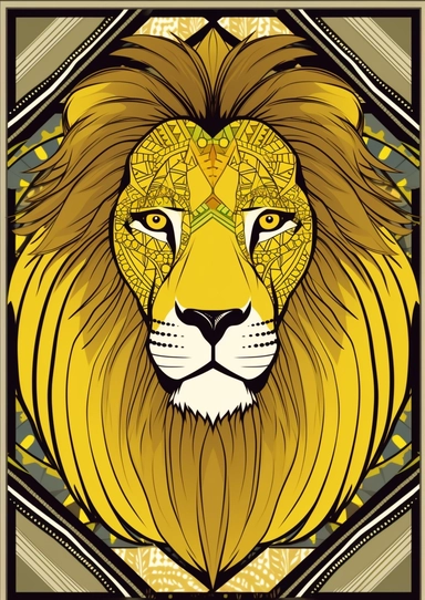 Design the back image of a deck of cards with a Lion in a yellow geometric background,clipart