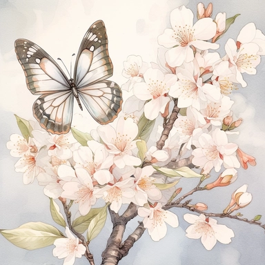 clipart Watercolor art of a cherry blossom branches, and butterflies, with soft pastel hues, illustration in the style of Ayami Kojima and J.C. Leyendecker, pixiv, high quality, highly detailed,on white background,fit image on paper, align center and middle, iw 0.75--ar 16:9