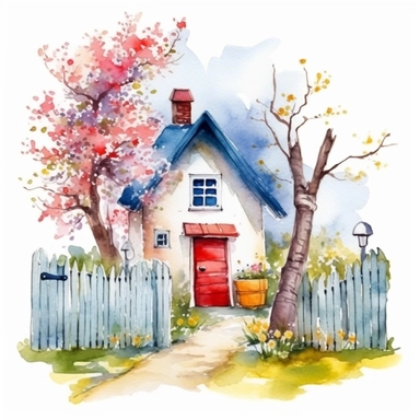 clipart, isolated on white background, beautiful cute Watercolor Spring Cottage - cute little house with fence and chimney, tree and flowers, ornated, vivid and saturated colors