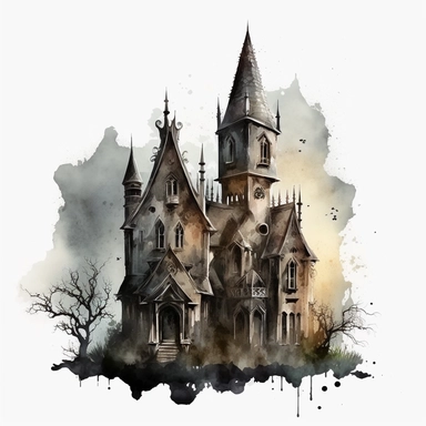 isolated clipart image of a spooky gothic house with intricate architectural details, twisted spires, and looming shadows, each house unique in its design, showcasing different elements like pointed windows, wrought-iron gates, and weathered stone walls, surrounded by a foggy atmosphere that adds a sense of mystery and intrigue, watercolor painting, delicate brushstrokes capturing the eerie charm,