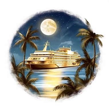 fantasy cruise gold ship in the moonlight, paradise island digital clipart on white background