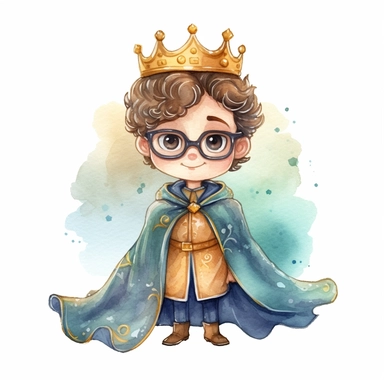 Clipart of a cute little king smilling. He is wearing a very fancy suit and a cute blue cape. He is brunette and curly hair and with green eyes. He is wearing cute glasses. Gold crown. The background is watercolour and sparkly. 4K