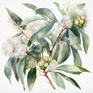 a high-quality watercolor clipart representation of eucalyptus greenery with branche, very big cream white gum blossoms, perfect for nature-themed design