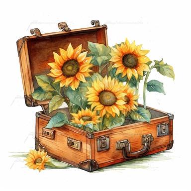 Watercolor sunfloers in rustic briefcase clipart, hd, on white background, spaced out