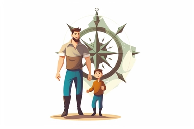 brave father standing near the compass, vector art, clipart, white background