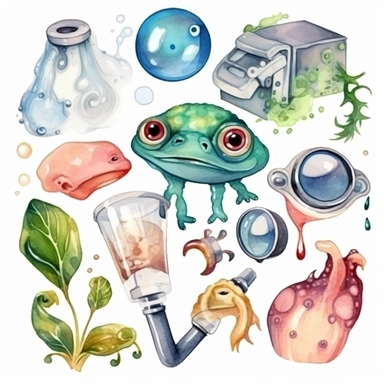 a watercolor biology clipart with all of the objects in a cartoon style with hands and eyes drown to them