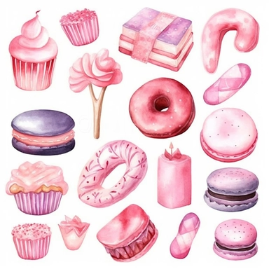 Valentine's day watercolor clipart, Pink sweets cookies, Cute love candy heart, Donuts, Cupcake, macarons, marshmallows, sugar, chocolate