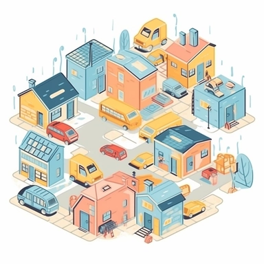 map with some houses and oversized garages and storage units, some cars flat illustration stylized clipart, for landing page, light blue, yellow, Kawaii Pastel, white background