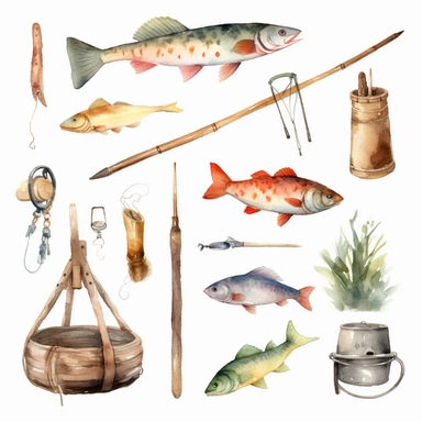 A beautiful collection of watercolor fishing clipart, outdoor fun, fishing pole, net, fish, travel, minimalist fishing watercolor, ikebana clipart, separated design, 8k