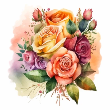 Generate a watercolor clipart of a bouquet with roses in a range of colors, including red, pink, yellow, and orange, arranged in a loose, hand-tied style.