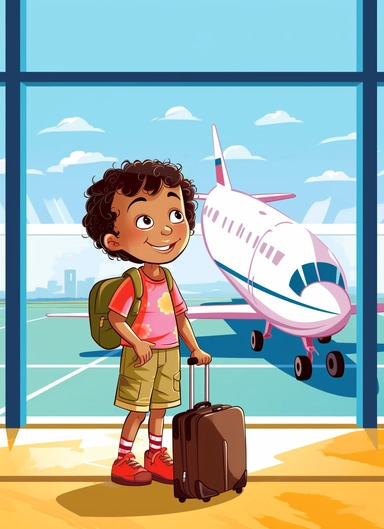 little mixed boy clipart explorer clipper clipart boy explorer, at the airport terminal looking at the airplanes through the window, in the style of modern day casual dress style for babies, use of a map of the world, a passport and luggage, lightbox, soggy, pattachitra, associated press photo, primitive structures