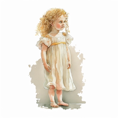 a cute and ultra realistic hellenistic little blonde curly haired girl with watercolor effect,full body,ultra realistic,ancient greece vibe,white background,suitable for digital clipart,hellenistic scene,ancient greece,vibrantly colors,greek columns