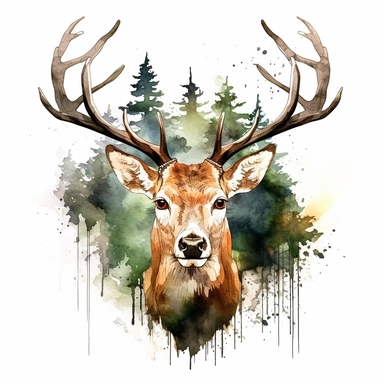 double exposure, deer head and forest,watercolor,white background,clipart
