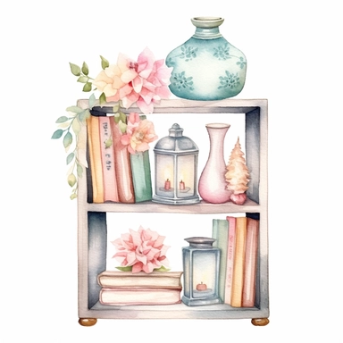 miniature bookshelf with fancy lantern,watercolor,floral,cute,light color,white background,clipart