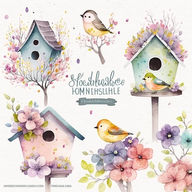 Watercolor Bird Houses Clipart - springtime cute birdhouses and blossoms