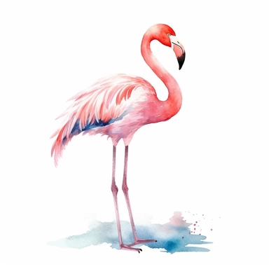 A captivating watercolor clipart illustration of a Flamingo bird, gracefully depicted against a pristine white background. The artwork showcases the bird's unique elegance and beauty, with its long slender neck, vibrant pink feathers, and distinctive curved beak. The watercolor technique adds a soft and ethereal quality to the illustration, with delicate brushstrokes that create a sense of movement and grace. The Flamingo is portrayed in a natural pose, standing tall on one leg with its wings sl