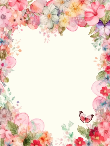 frame for poster, narrow vignette along the sides and the corners of the picture, little cute wild bright clipart flowers like hearts vignette, soff pastel blank center of the picture,