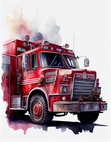 detailed watercolor firetruck facing a wall, isolated on a white background, realistic, clipart