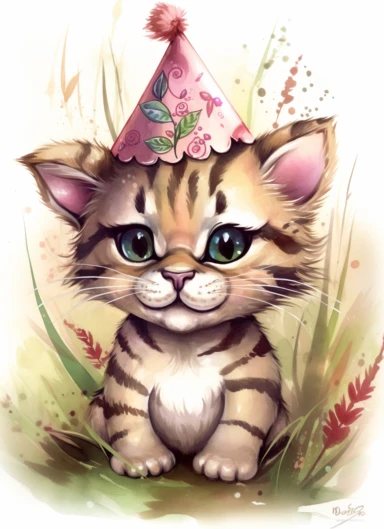 clipart,a cute little tiger in a field with a party hat on its head and a bandana on its neck,in the style of jody bergsma, 32k uhd, hand-painted details, charming character illustrations, dark brown and light beige, Fuchsia/green, aquarellist, hd , white background clipart
