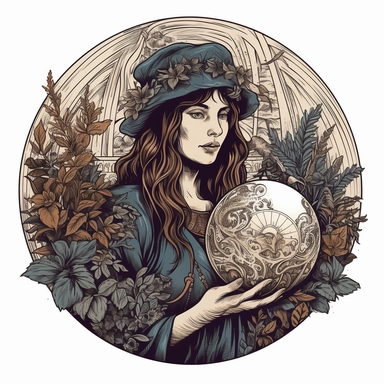 dimetric illumination of witch with her magic ball , with plants plants, high quality, intricate design, clipart,Mystical Enchanting Spellbinding Otherworldly Mysterious Occult Esoteric Bewitching, white background no text, isolated on white, ghibli style,award winning
