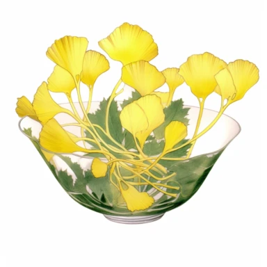 Design a dreamy watercolor clipart of a chinese bowl with Sprays of ginkgo leaves with golden hues arranged in a minimalist and modern design composition, hand-painted with soft and graceful brushstrokes. Draw inspiration from the artistic finesse of Ethereal Petals Watercolors for a refined and ethereal depiction. isolated on a white background, hand-drawn illustration, hand-painted watercolor texture, 16k UHD resolution, intricately detailed, sharp focal points, designed by Ana Victoria Calder