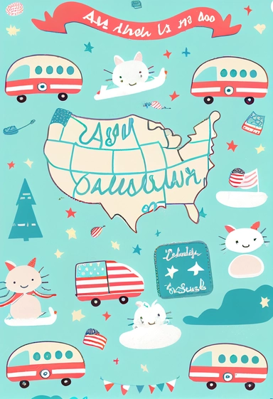 Cute Travel Around America pattern, Clipart,by Dr. Seuss ，Blush and bashful background, illustration art