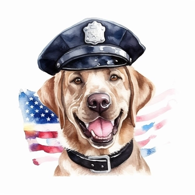 watercolor clipart, smiling happy Labrador Retriever, in style policeman, Police Badge, us flag collar, Police Uniform, police Hat or Cap, background american Flag, suitable for printing, hyper detailed, 300 dpi, 8k, high solution, no watermark