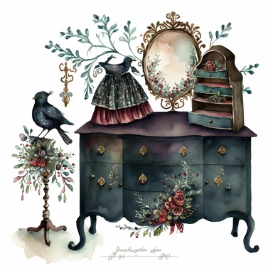 dark academia, christmas dresser, fairytale, folk art, watercolor, white background, clipart