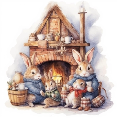 charming bunny family, Christmas morning in their cosy homy, fireplace, small christmas tree, ornamental watercolor, clipart, highly detailed