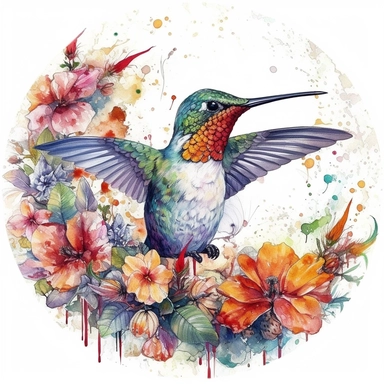 Hummingbird surrounded by flowers on white background, clipart, amazonian iconography, watercolor, white background, one of a kind, realistic portrait, detailed sketching, circle, rounded, splashed watercolors, energetic, tropical colors, flower ornaments, fruits ornaments, juicy, summer vibe, hawaiian culture--ar 1:1
