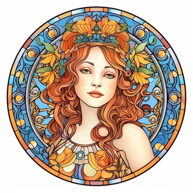 Vintage Cute Beautiful Round Stained Glass girl Sublimation Clipart, Cartoon, hyper realistic, intricate detail, illustration style, high solution, on the white background