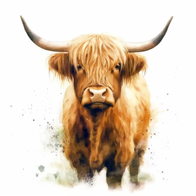 Capture the charm and beauty of a Highland Cow in a watercolor clipart, highlighting its full body character in a close-up view that showcases its distinct features and textured coat with incredible precision and Very High Quality image resolution