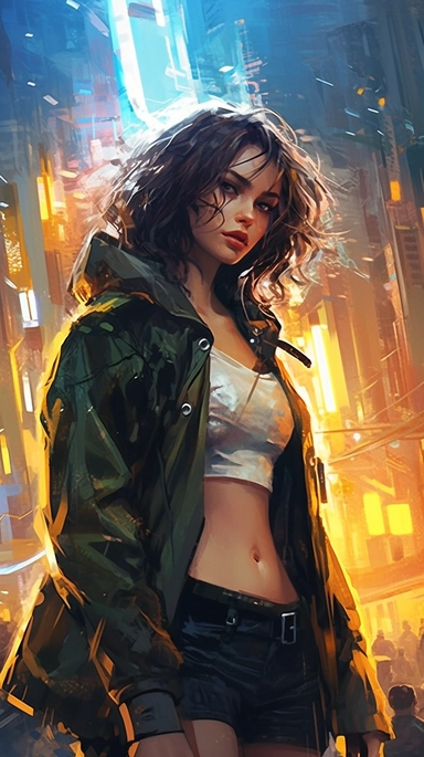 beautiful stunning pretty vintage cyberpunk anime girl, paint art style, clipart, city landscape background, superrealistic, one of a kind