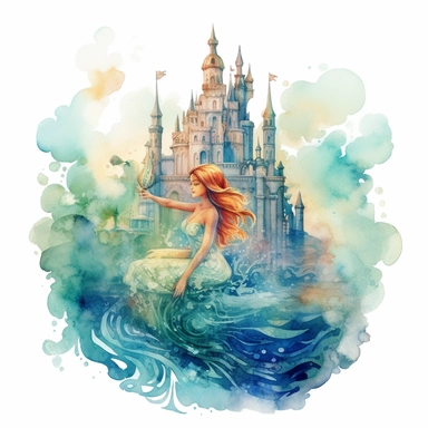 Detailed Watercolor dreamy mermaid in the front of Atlantis kingdom clipart