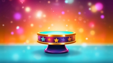 a cartoon illustration of a very shallow short pedestal base with decorative trim on a colorful abstract sparkley stars background, spotlights pointing at it, clipart, rendering, bokeh rounded shapes