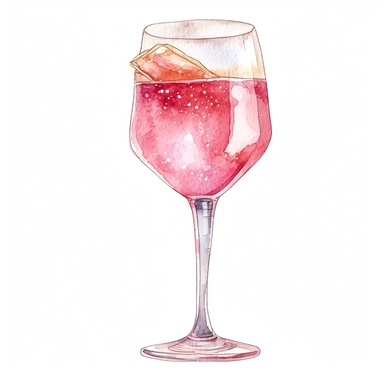 watercolor hand drawing of alcohol drink in champagne glass in shades of pink clipart, vector, 8k resollution, white background