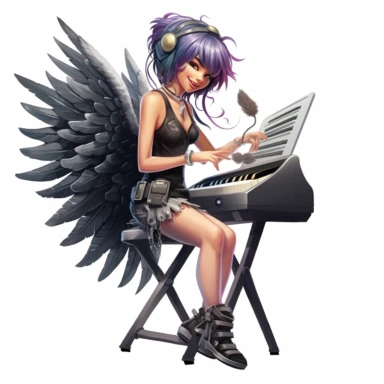 a beautiful smiling fairy dressed as punk rockstar, playing keyboard, microphone, really big wings, full body image, pixar style, clipart, white background