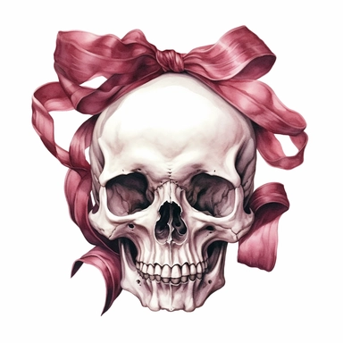 An intricate watercolor of a burgundy ribbon wrapped around a pale white human skull, bold dark outlines, white background, clipart, ultra high detail, ultrarealistic