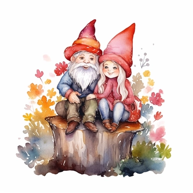 Watercolor magical gnome couple sitting on a stump, watercolor clipart on white background, vivid colors, enchanting scene clipart on a white background in the style of feminine sticker art, Tanya Shatseva, storybook illustration, red, white and caramel tones, Georgia O'Keeffe, colored line art, colored outlines, cottagecore design, watercolor on white background, crisp tones, sticker outline, colored line art, colored outlines, iridescent ombre, gradient shading, pure tone, vibrant digital art 