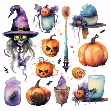 halloween watercolor clipart, isolated on white background, happy halloween party theme