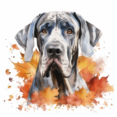 close up realistic high detailed, Hand drawn watercolor clipart of a Great Dane enjoying fall season, on a pure white background for background removal, no shadow, no paint splash