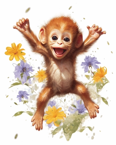 detailed watercolor Baby Monkey jumping on flowers , hyper realistic, isolated on a white background, clipart