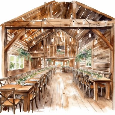 watercolor, hyper realistic, white background with margins, 8k, ultra detailed clipart wedding a rustic barn venue with string lights, wooden tables, and chairs., brown and green