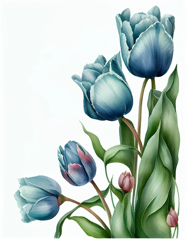 detailed watercolor blue tulip corner border , isolated on white background, realistic, clipart
