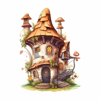 enchanted detailed fantasy fairy tale elf house in cartoon style, creamy warm colors on white plane background, impressive, 4k, clipart