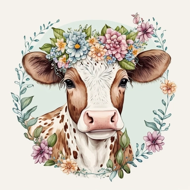 Cute Floral Cow wreath, hand draw Illustration clipart, by Betsey Johnson, 4K, extremely detailed, detail to every pixel